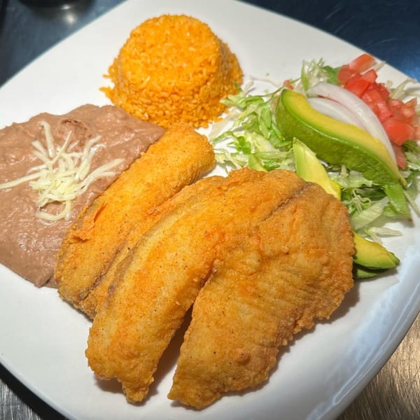 A Javi Mexican Grill plate with fried fish, rice, refried beans, and a fresh salad.