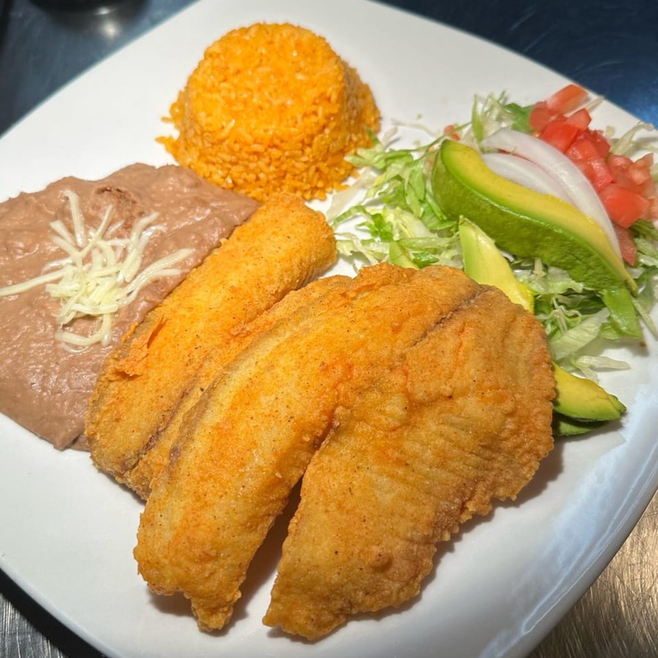 A Javi Mexican Grill plate with fried fish, rice, refried beans, and a fresh salad.